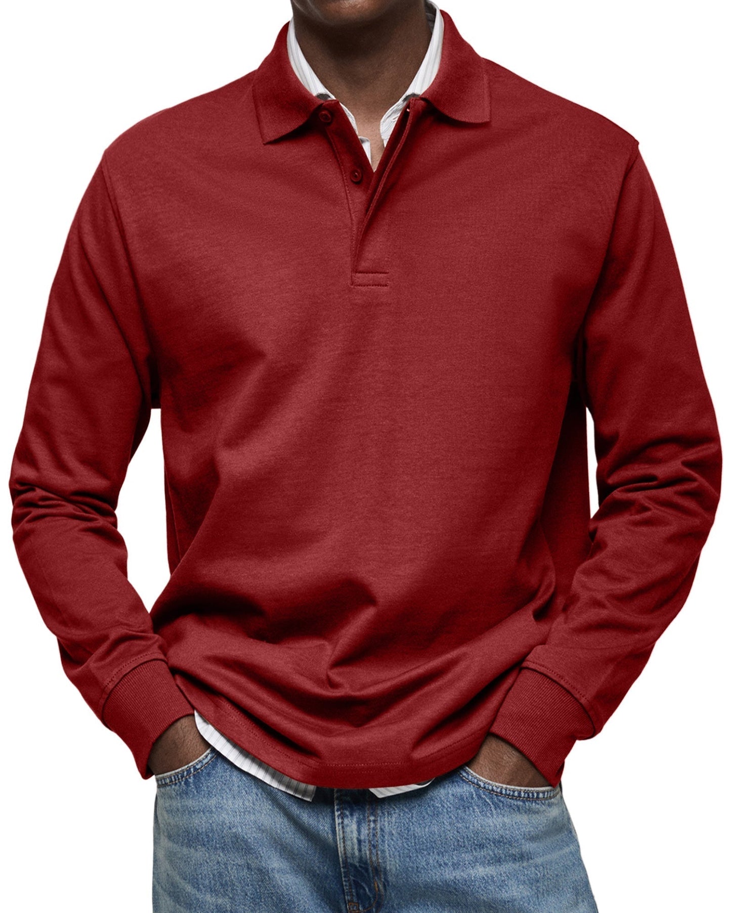 Męska - Koszulka polo z długim rękawem - Casual Cotton - Button-Down Polo Shirt