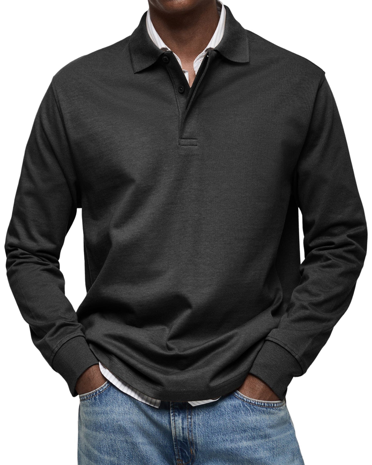 Męska - Koszulka polo z długim rękawem - Casual Cotton - Button-Down Polo Shirt
