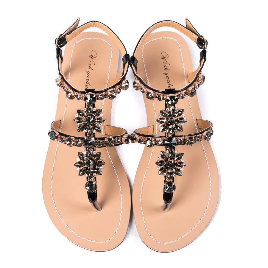 Damskie - Płaskie sandały - Błyszcząca skóra bydlęca T-Strap - Stylowe letnie sandały dla każdej okazji