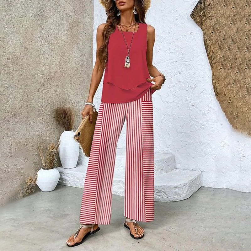 Damski - Stylowy zestaw 2-częściowy - Top bez rękawów i spodnie - Modny wzór na każdą okazję