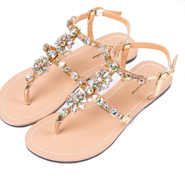 Damskie - Płaskie sandały - Błyszcząca skóra bydlęca T-Strap - Stylowe letnie sandały dla każdej okazji