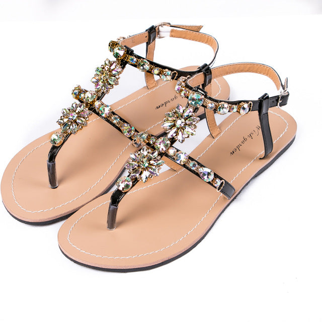 Damskie - Płaskie sandały - Błyszcząca skóra bydlęca T-Strap - Stylowe letnie sandały dla każdej okazji