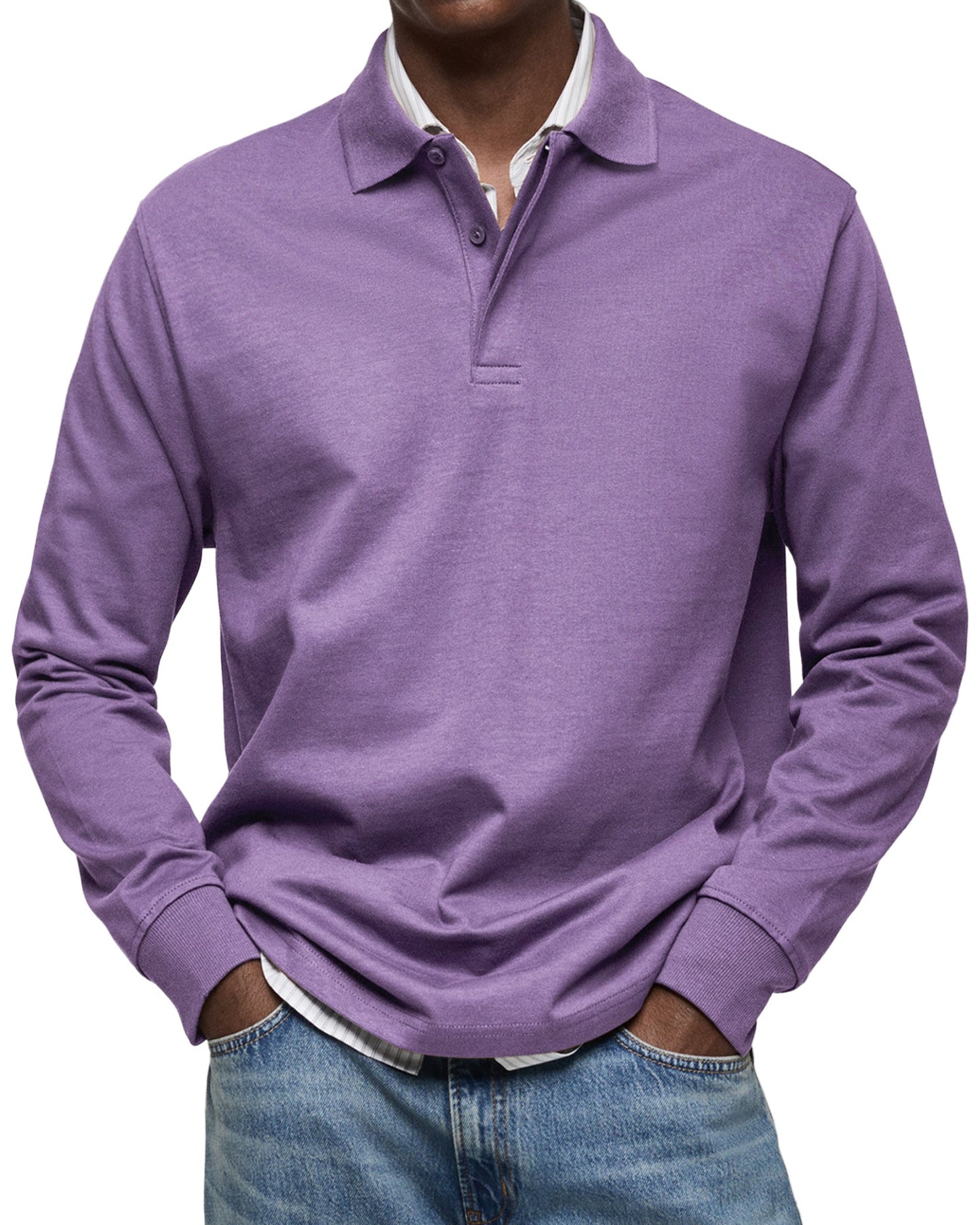 Męska - Koszulka polo z długim rękawem - Casual Cotton - Button-Down Polo Shirt
